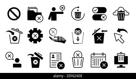 Delete and trash icons. Cancel cross and clear symbols to remove, block or discard files. Vector set of toggle switches and undo arrows for app Stock Vector