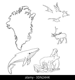 Outline map of Greenland with fauna. Seagulls and whale, polar bear and reindeer. Arctic animals on ice, isolated on background. Nature concept for Stock Vector