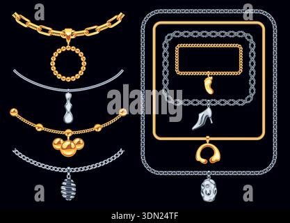 Fancy chain brush set with golden luxury pendants and metallic charms for premium boutique branding and chic fashion or jewelry border. Glossy Stock Vector