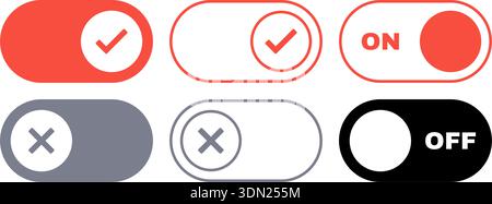 Vector set of red and gray toggle switches in filled and outlined styles with check and cross icons, including ON and OFF text versions. Stock Vector