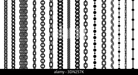 Chain seamless brushes. Twisted braided silhouette links, jewelry borders, fashion apparel patterns. Repeat necklace stripes, bracelet stencil Stock Vector