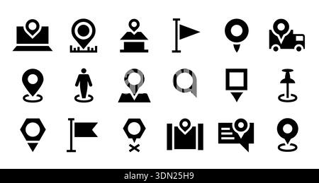 Map pin icons. Location marker and pointer flag for delivery logistics, GPS navigation, route tracking. Geotag pictogram, address and destination Stock Vector