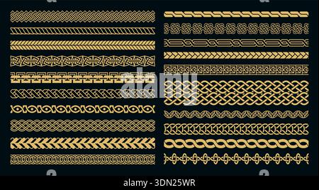 Celtic knot braid seamless borders with golden interlace and braided geometric frame for certificates, luxury background and Viking heraldic jewelry Stock Vector
