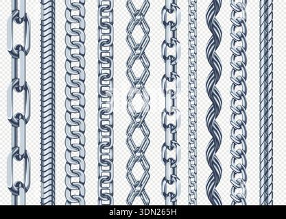 Silver chain seamless borders. Realistic metallic jewelry links, fashion accessory, steel chains for marine design. Glossy repeat chains for bracelet Stock Vector