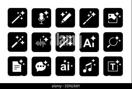 AI and magic icons. Wands and sparkle stars for chatbot. Voice enhancement, text document edit, retouch and image generation, audio effect, AI search Stock Vector