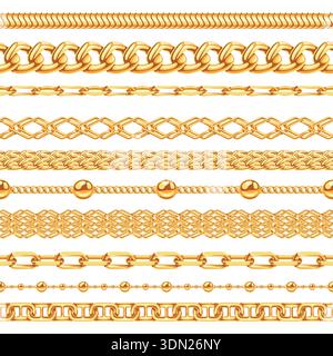Golden chain seamless borders. Metallic pattern brushes with realistic jewelry gold links, luxury fashion accessory. Glossy necklace dividers Stock Vector