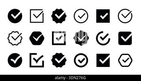 Tick icon set. Checkmarks, approve symbol for survey validation, app notification UI, feedback control or confirm status indicator. Black glyphs for Stock Vector