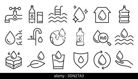 Water line icons. Eco clean water drop shield, faucet and plumbing, hydration and filtration, swimming pool, sea wave and aqua liquid symbols. Outline Stock Vector