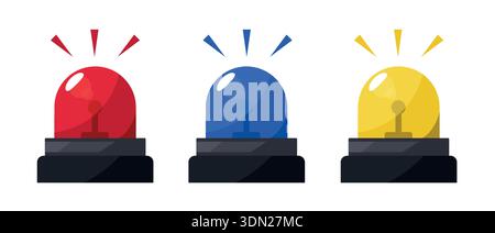 Emergency siren icons with blue, red, and yellow beacons. Alarm lights and hazard warning emoji. Glossy flashing police, ambulance signal lamp, blink Stock Vector