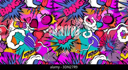 Seamless heart pattern with colored hand drawn art abstract graffiti brush drawing background elements Stock Vector