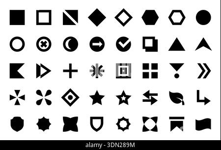 Bullet points. Geometric shapes and direction symbols for list. Square, circle and triangle, diamond, hexagon. Menu option, headline highlight Stock Vector