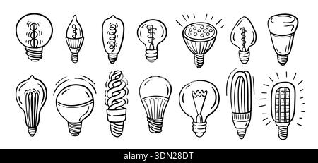 Light bulbs doodle. Idea and business solution, inspiration icons. Electric LED lamp, glass lightbulb and electricity editable outline pictograms Stock Vector