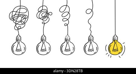 Lightbulb idea doodle. Hanging light bulbs with tangled wires. Innovation and complex problem, business solution. Simplify complex process, from Stock Vector