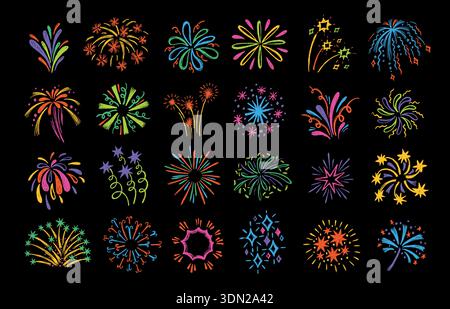 Fireworks burst doodle with crayon sparks and neon starbursts on black background for festive celebration banner and holiday party invitation. Hand Stock Vector