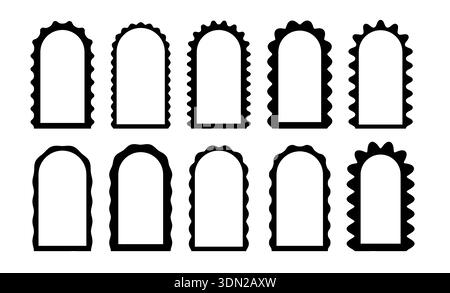 Arch frame set with wiggly edges. Scallop shape border, wiggly arch door or squiggly window. Boho archway, mirror or photo zigzag decoration. Retro Stock Vector