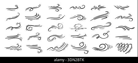 Wind breeze doodle. Swoosh swirls and motion trails for weather windy forecast, comic dynamic energy movement, air blow gust and fresh graphic. Hand Stock Vector
