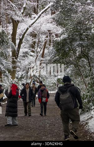 People enjoying cold walk through snowy grounds of Meiji Jingu in Tokyo, Japan Stock Photo