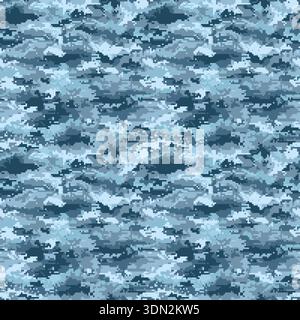 Blue military pixelated camouflage seamless pattern. Modern hunting camo pattern Stock Vector