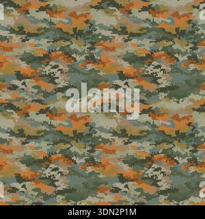 Military pixelated camouflage seamless pattern. Modern hunting camo pattern, green and orange colors Stock Vector