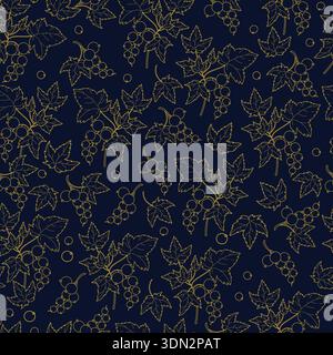 Golden Currant Line Art Seamless Pattern. Elegant Botanical Background with Luxury Berry Branches on Dark Navy Blue. Minimalist Chic Square template O Stock Vector