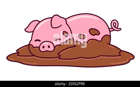 Funny cartoon pig in mud drawing. Cute dirty piggy sleeping in muddy puddle. Simple vector illustration. Stock Vector