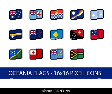 Oceania Flags 16x16 Pixel Art Vector Icons. Set of 10+ stylized, simplified, abstract pixel interpretations of flag designs in common use as of 2026. Stock Vector