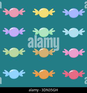 A charming collection of colorful candy illustrations in a soft pastel palette. These sweet bonbon vectors feature a cute, rounded design with glossy Stock Vector