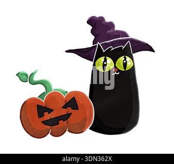 Black cat and pumpkin, halloween concept cartoon Stock Photo
