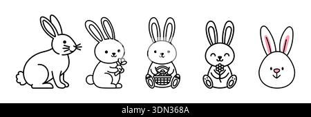Easter bunny set in simple one line style. Minimal bunny line art doodle in different poses. Continuous line drawing of easter rabbit black Editable s Stock Vector
