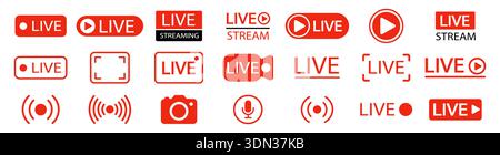 Live streaming icon set button, banner, label, sticker, stamp. Live broadcasting buttons and symbols. Video online stream icons. Live stream logo. Wat Stock Vector