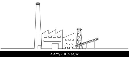 Continuous Single Line Drawing of Factory Building Simple Sketch Isolated on White Background. Industrial Factory Minimalist Simple Linear Vector Illu Stock Vector