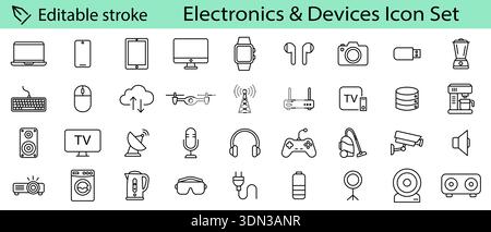 Electronic devices linear icon set Editable stroke . Smart devices, electronics, gadgets, technology, computer, tech, smartphone, tablet, TV, camera, Stock Vector