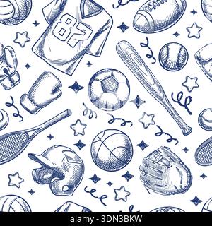 Vector sports sketch seamless pattern. American football, soccer, basketball, baseball, boxing, tennis hand drawn equipment design elements for fashio Stock Vector