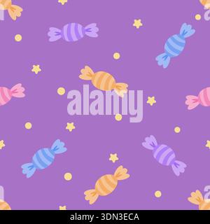 A sweet seamless pattern featuring colorful candies, stars, and dots on a vibrant purple background. This pastel vector design is ideal for gift wrapp Stock Vector