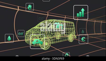 Displaying neon-green wireframe SUV navigating orange-grid tunnel, with floating UI icons Stock Photo