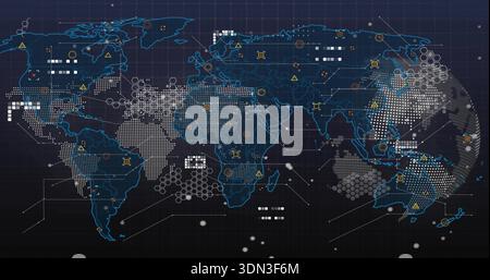 Displaying world map with neon outlines on navy grid dashboard, showing data nodes and hex clusters Stock Photo