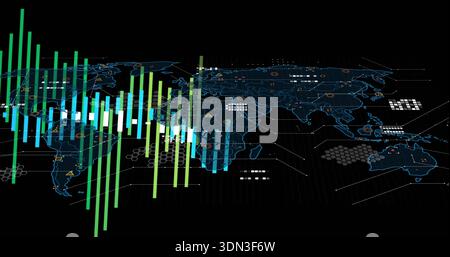 Displaying multicolor 3D bars over world map outline at virtual workspace, with glowing nodes Stock Photo