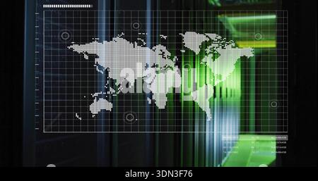 Displaying white dotted world map overlay hovering over datacenter corridor, with time readouts Stock Photo