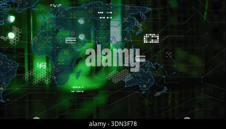 Displaying stylized world map on digital dashboard, with blue outlines, green aurora, hex nodes Stock Photo
