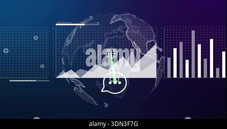Displaying wireframe globe with area chart on dark dashboard, chat marker, left targets, right bars Stock Photo