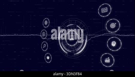 Displaying central HUD pulsing on navy interface, linking laptop icon, dotted waveform, side icons Stock Photo