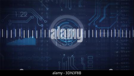 Displaying central HUD reticle scanning dashboard, showing white bars left chart right data grid Stock Photo