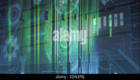Displaying central circular HUD scanning over virtual interface, with green panels globe and charts Stock Photo