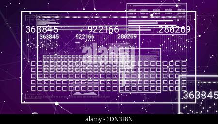Displaying clear key grid schematic, HUD frames and numbers on purple gradient showing nodes Stock Photo