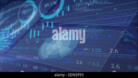 Displaying radar disk centered on tilted grid, showing line charts, numeric labels, delta icons Stock Photo