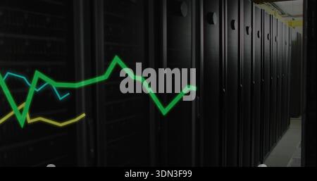 Displaying black server racks with vented doors and faint LEDs in datacenter aisle, showing graphs Stock Photo