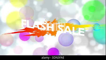 Displaying FLASH SALE over orange brushstroke on gray blur with colorful bokeh and streaks Stock Photo