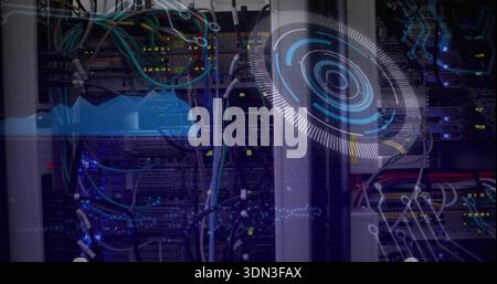 Displaying servers and switches in server room, with colored cables, LED indicators, HUD Stock Photo