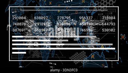 Displaying central white data panel over blue world map, showing numeric readouts, grey bar graphs Stock Photo