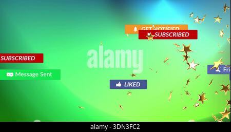 Floating SUBSCRIBED, Message Sent, LIKED, GET NOTIFIED badges and gold stars on green-teal gradient Stock Photo